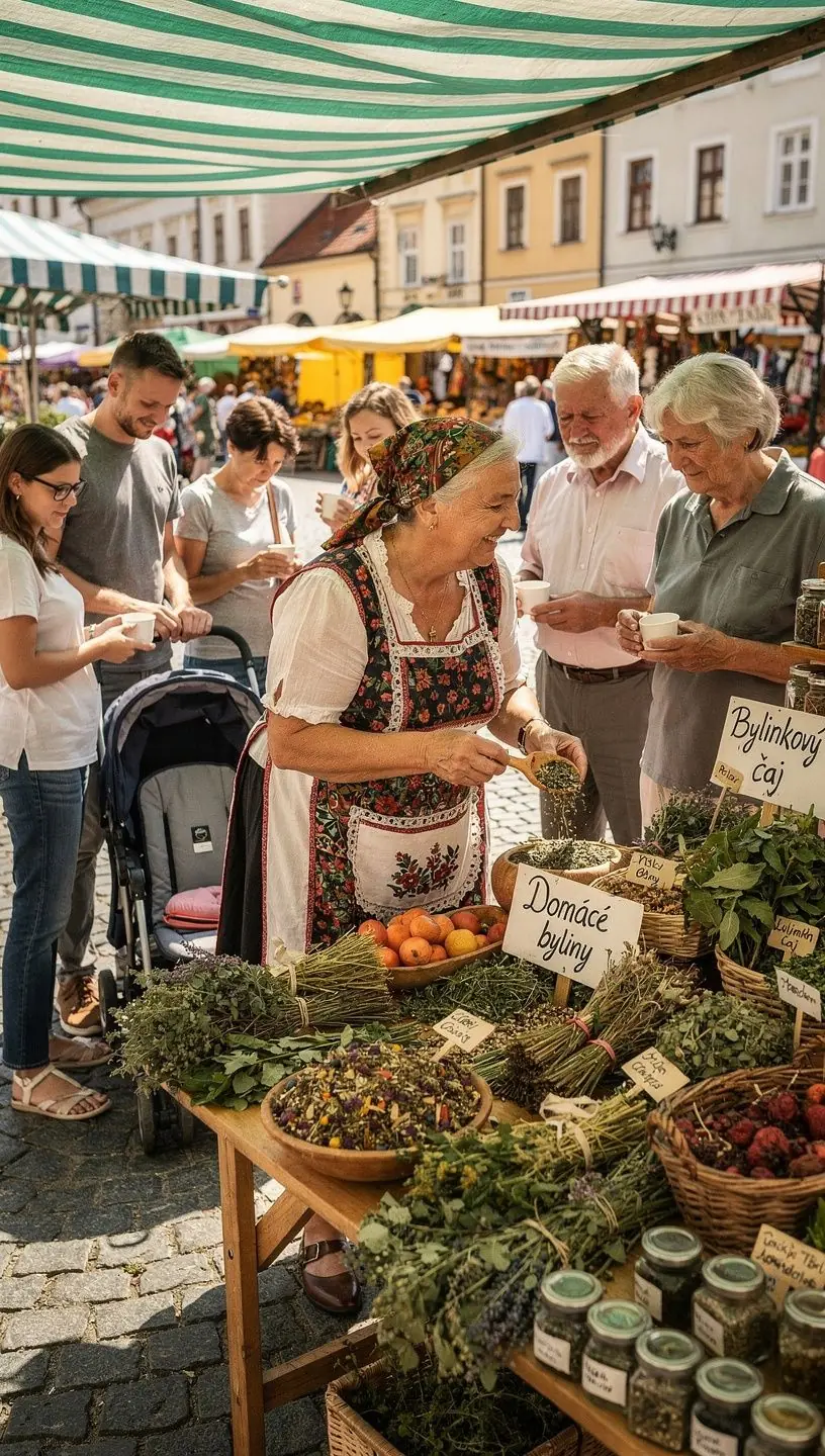 Zelené bylinky a sušené kvety rozložené na drevenom stole.