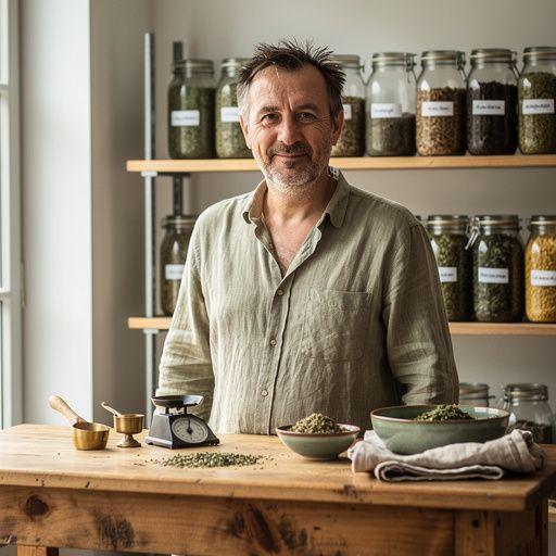 Šálka bylinkového čaju na drevenom stole s prírodným pozadím.